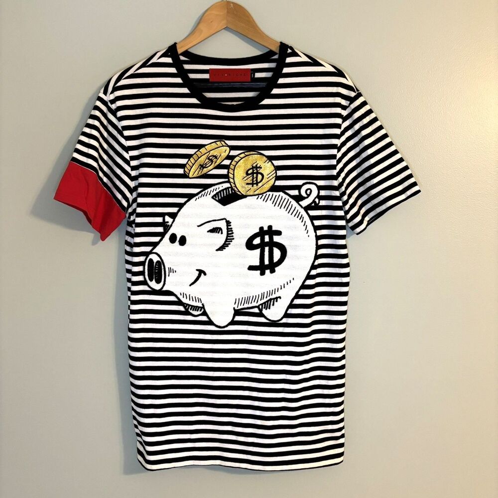 Vie + Riche Men's Piggy Bank Embroidered Striped Shirt Graphic Streetwear Urban